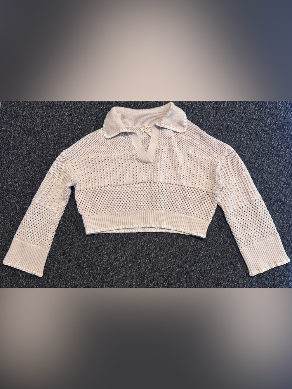 Happily Grey‎ Open Crochet Knit Polo Sweater Cropped Beige Cream Pullover Sz Med